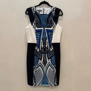 Geometric Print Sleeveless Midi Dress in Blue & White size 14 EUC